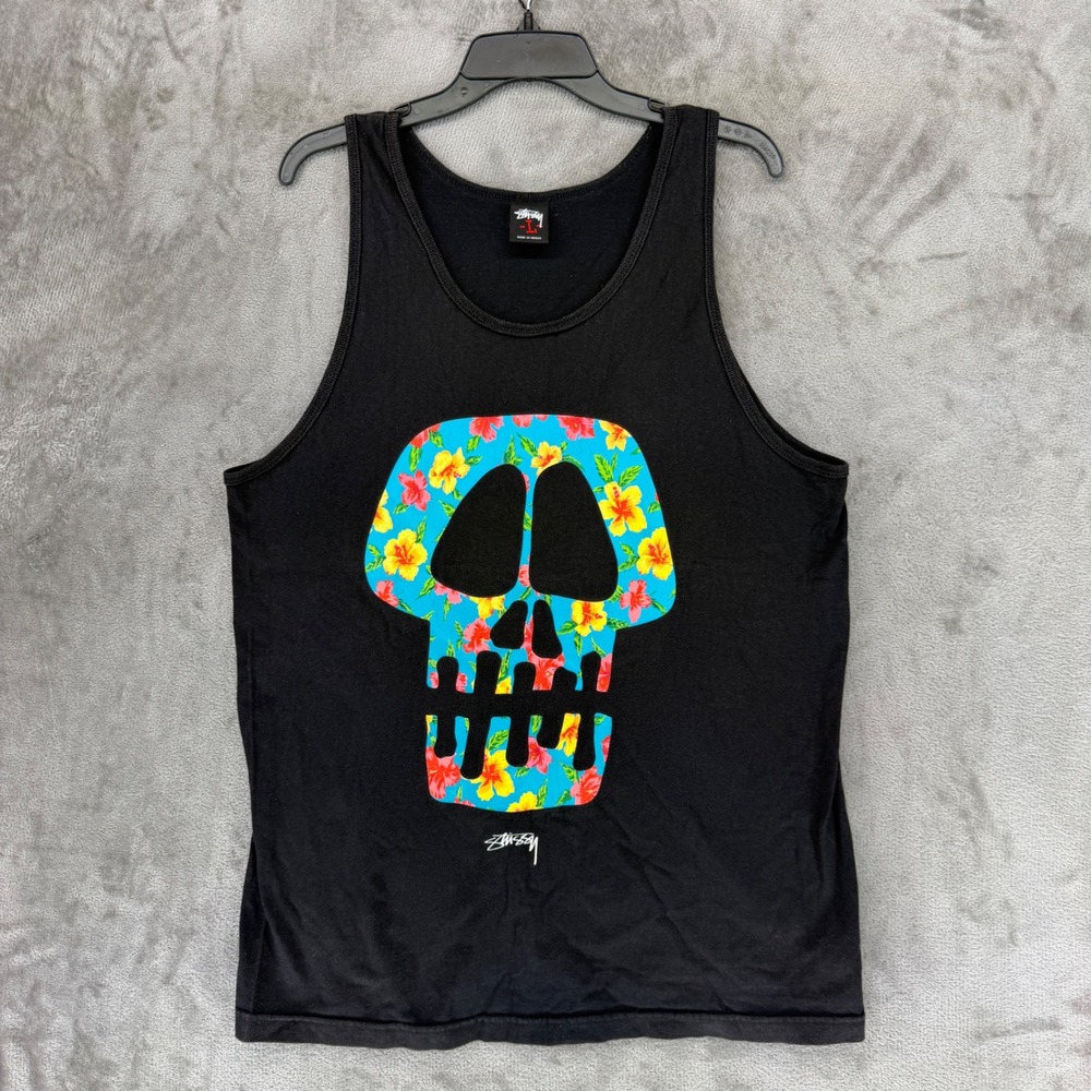Stussy Tank Top Mens Large Black Cotton Floral Skull Graphic Sleeveless Shirt